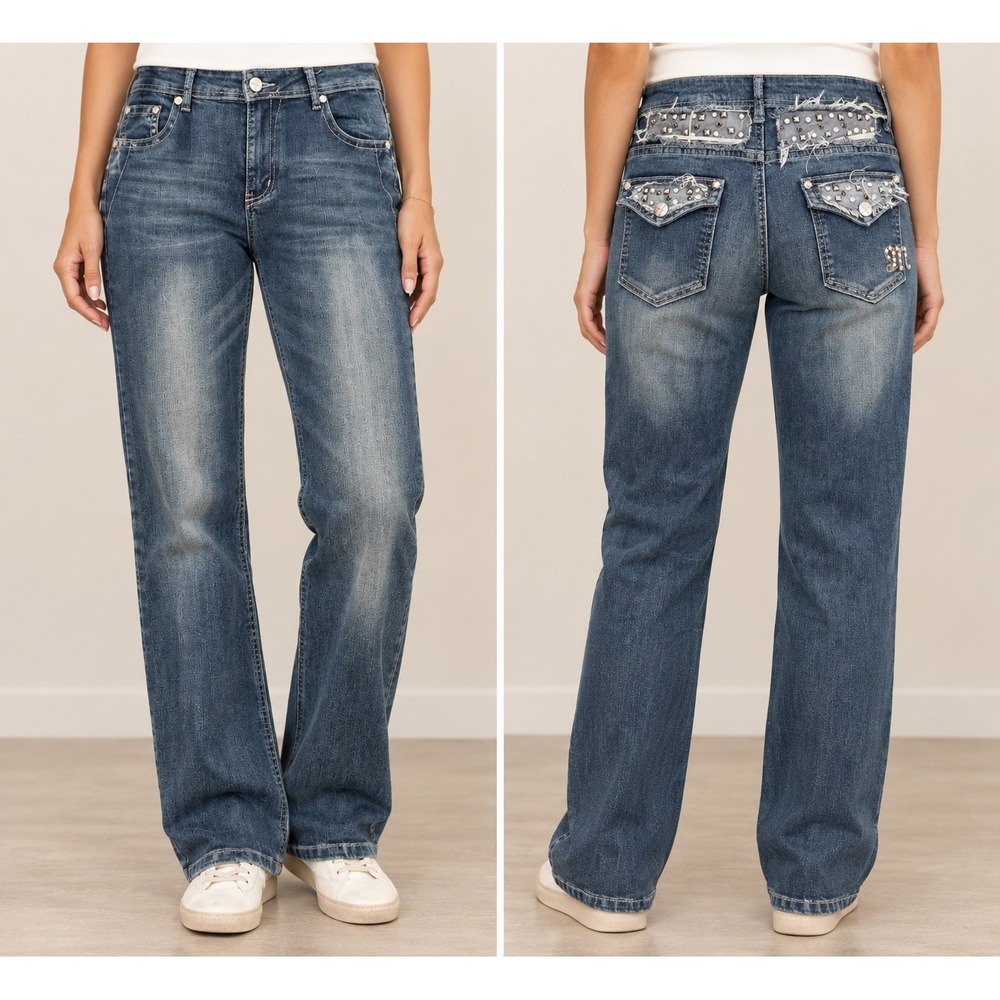 Miss Me Bootcut Jeans Dirty Wash Eyelet Lace Studded Rhinestone Denim Blue 14